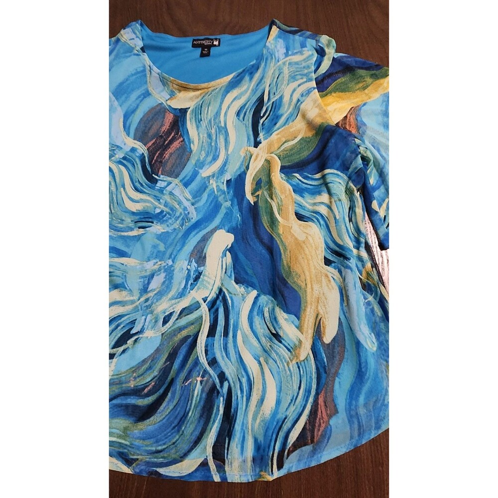 Antthony Womens Top Large Abstract  Blue Yellow Multicolor  Casual Tunic - Picture 5 of 11